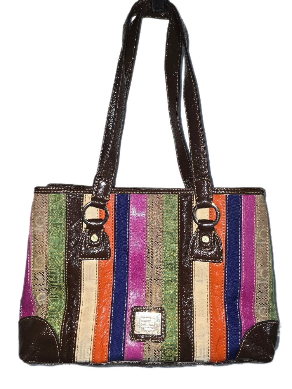 Liz Claiborne Multicolor Striped Purse with Brown Leather Trim